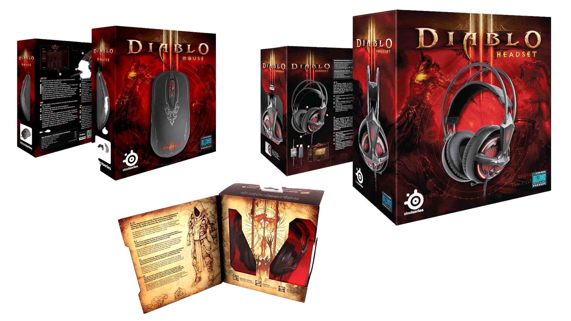 SteelSeries Diablo III retail boxes for the mouse and headset in red and gold