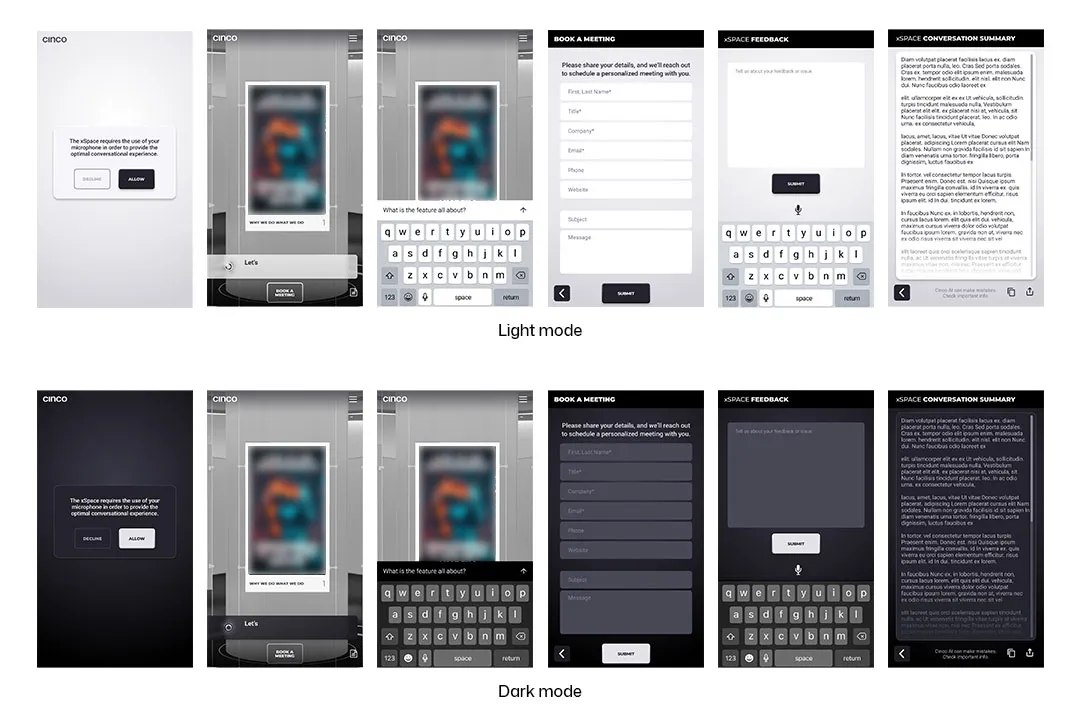 Cinco app light-mode screens: onboarding, a product view, and form layouts